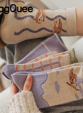 紫色袜子女春秋款可爱卡通加厚秋冬款日系保暖中筒袜配勃肯鞋居家