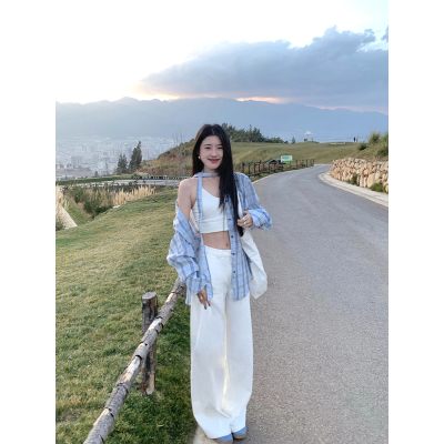 Joeyoo C位休闲 白色直筒休闲裤女早秋高腰显瘦天丝长裤子