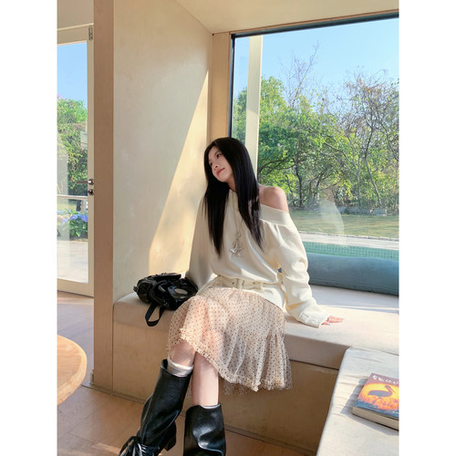 米白色腰带斜肩卫衣女夏季薄款