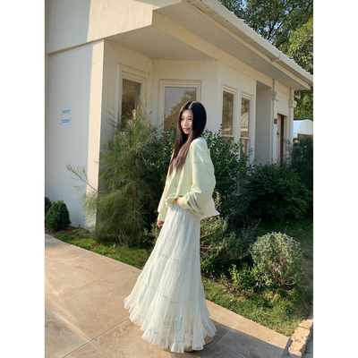 Joeyoo春夏新款温柔风薄荷绿网纱半身裙女长款垂坠感大裙摆A字裙