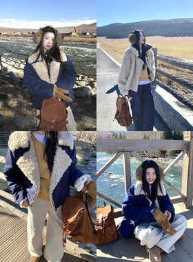 Joeyoo冬季新款宽松设计感大翻领两面穿羊羔毛外套女加厚皮毛一体