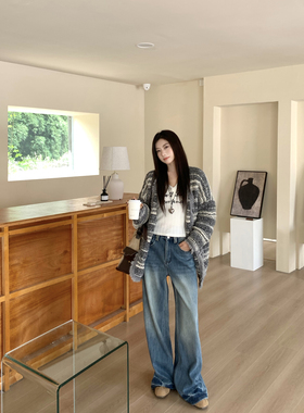 Joeyoo秋冬复古水洗做旧直筒加绒牛仔裤女2025新款宽松阔腿拖地裤