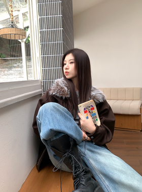 Joeyoo秋冬宽松复古加绒毛领派克服女款2025新款加厚保暖工装棉服