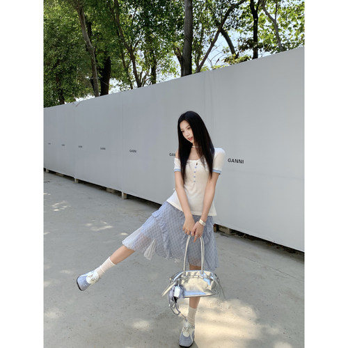 Joeyoo新款设计感不规则垂坠感荷叶边半身裙女夏中长款高腰A字裙