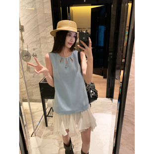 Joeyoo新款设计感荷叶边拼接假两件连衣裙女夏无袖t恤裙背心裙子