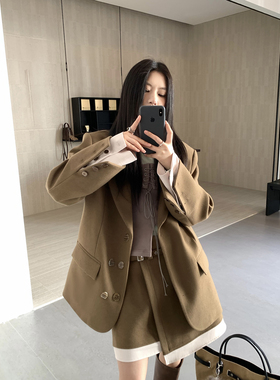 Joeyoo春季新款高级感咖色廓形西装套装女外套半身短裙时尚两件套