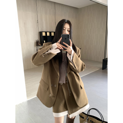 Joeyoo春季新款高级感咖色廓形西装套装女外套半身短裙时尚两件套