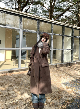 Joeyoo冬季新款宽松设计感带毛领毛呢外套女中长款过膝加厚呢大衣