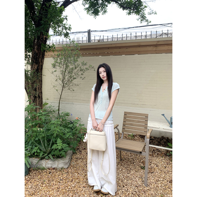 Joeyoo新款设计感花苞压褶白色阔腿裤女夏薄款垂坠感抽绳拖地裤子