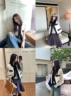 Joeyoo新款设计感黑色撞色马甲背心女秋冬外穿无袖马夹皮毛一体潮