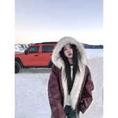 Joeyoo秋冬宽松大毛领酒红色皮衣女2025新款 加厚保暖连帽外套短款