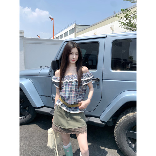 Joeyoo新款设计感墨绿色蕾丝拼接假两件裙裤女夏高腰显瘦阔腿短裤