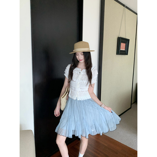 Joeyoo新款设计感浅蓝色竖条纹波点半身裙女夏高腰百褶裙炸街短裙