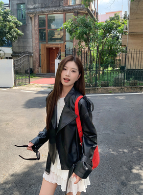 Joeyoo黑色皮衣外套女2025新款初秋酷飒风小个子美式复古短款夹克