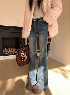 Joeyoo设计感加绒微喇牛仔裤女2025新款冬季高腰显瘦修身拖地裤子