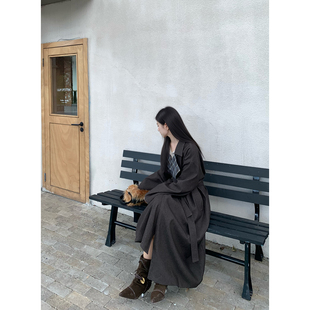 Joeyoo秋冬新款宽松系带毛呢外套女中长款过膝加厚保暖呢子大衣潮