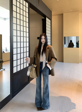 Joeyoo初春新款超好看复古浅色弹力微喇牛仔裤女高腰显瘦直筒裤子