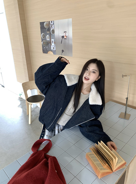 Joeyoo秋冬新款设计感宽松斜拉链夹棉棉服女短款加厚廓形毛领外套