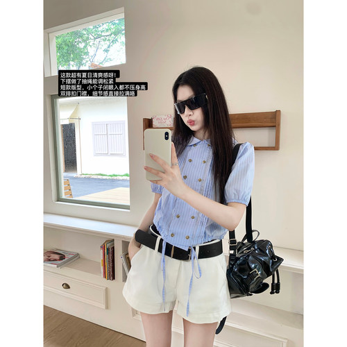 Joeyoo新款宽松双排扣五分袖蓝色条纹衬衫女夏设计感小众短款上衣