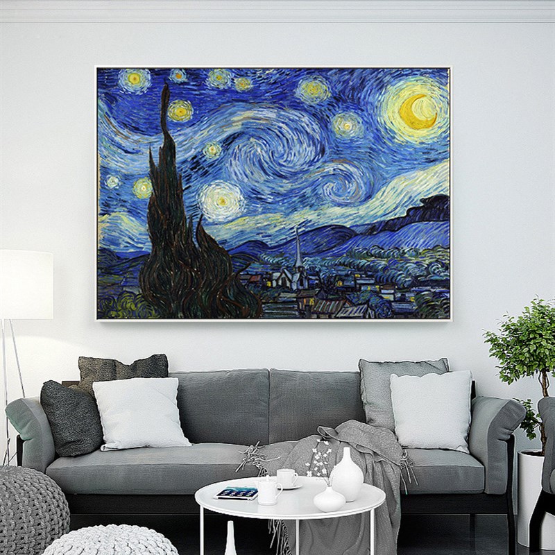 星月夜油画梵高星空装饰画客厅沙发背景挂画有框喷绘画餐厅风景画