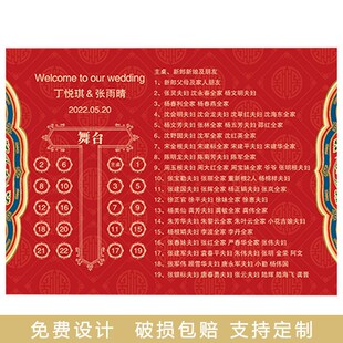 定制中式 婚礼席位图订婚宴海报宴会宾客名单迎宾牌红色生日座位表