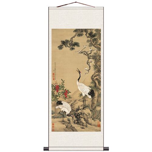 仙鹤卷轴挂画卧室客厅装饰挂画好运壁画定丝绸卷轴画国画沈诠