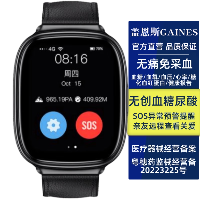 盖恩斯【远程版礼盒装】【医疗备案】测血糖尿酸智能手表高精度无