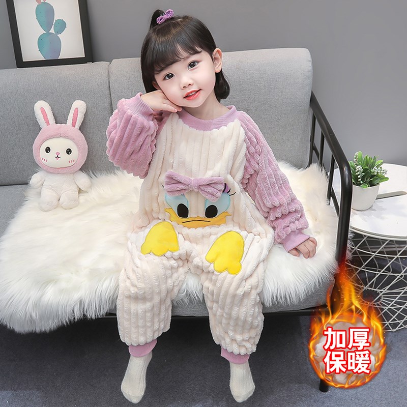 法兰绒女童睡衣2秋冬季1卡通0婴儿宝宝保暖睡袋加厚家居服连体衣3