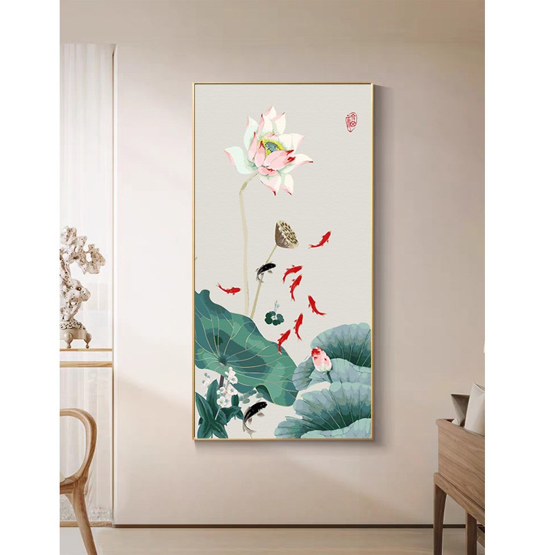 竖版新中式DIY数字油彩画九鱼图招财挂画客厅玄关走廊荷花装饰画图片