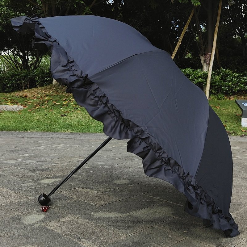 米白色三折太阳伞荷叶边s蕾丝防晒遮阳晴雨伞超大纯色小清新洋伞