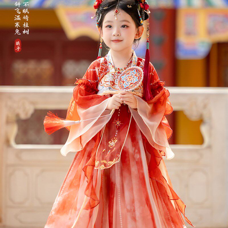 汉服女童2025春n秋儿童高端仙气国风公主连衣裙女孩红色喜庆公主