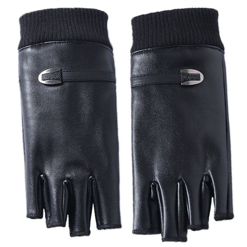 皮手套半指男士女冬季保暖加w绒防水骑行露指漏手指头无指半截手