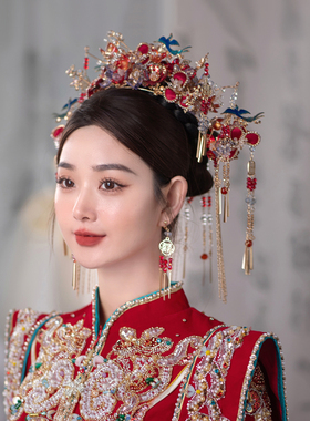 新娘头饰中式红色凤冠蓝色凤凰花朵手工流苏古典T秀禾服古装发饰