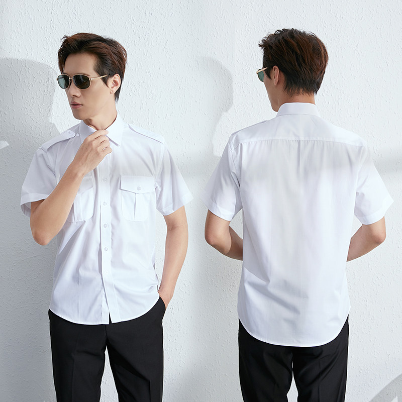 航空制服男空少制服短袖衬衫韩版修身机长肩O章制服飞行员白色衬
