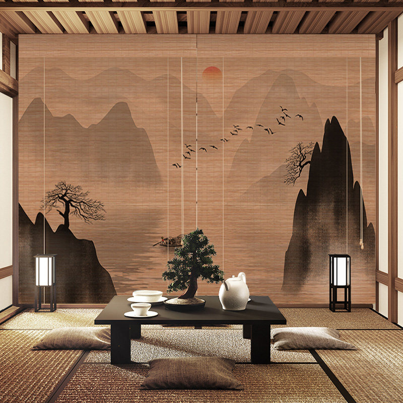 碳化山水风景画印花竹帘卷帘窗帘卷E拉式升降茶室隔断背景装饰帘
