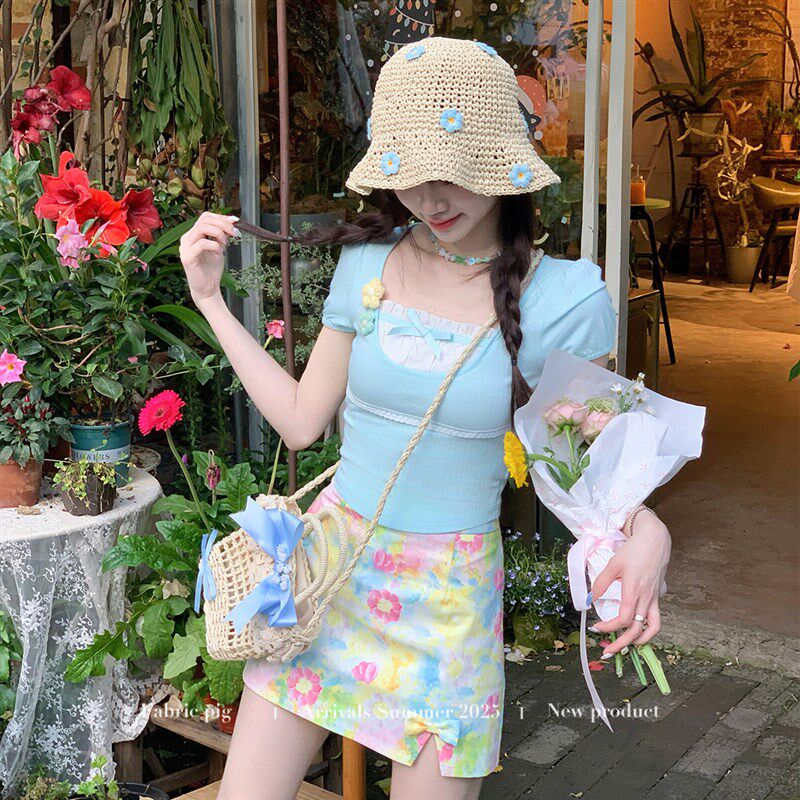 织物猪 油画之境 夏日氛围感a字花绘半身裙P女夏季小个子高腰短裙