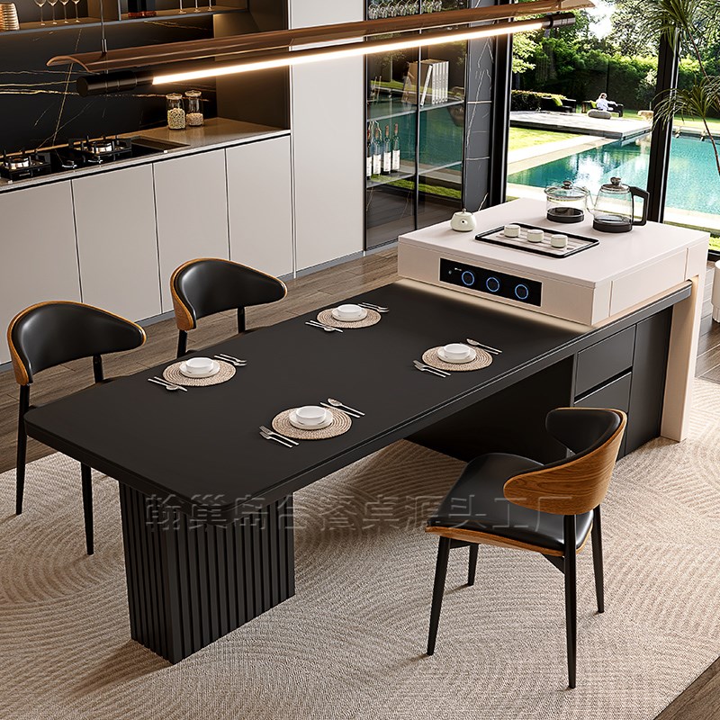 2025新d款意式极简岩板岛台餐桌一体家用可伸缩轻奢高级实木餐桌