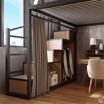 铁艺高架a床复式二楼床小户型省空间楼阁床上床下桌高低床梯柜床