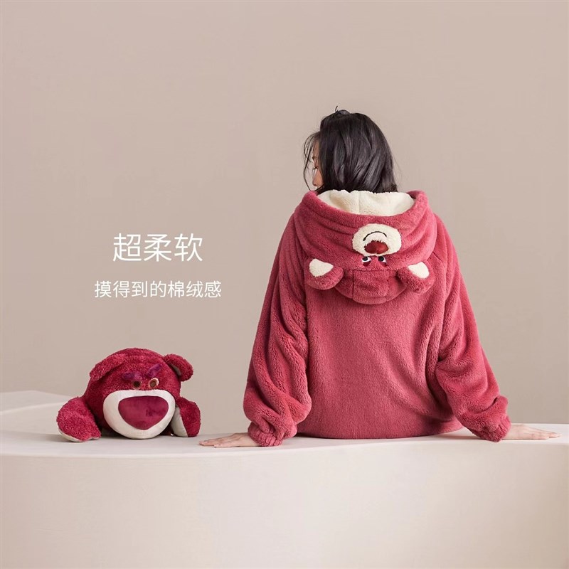 睡衣女款秋冬季珊瑚绒睡袍加绒加厚可爱连帽家居R服女法兰绒浴袍