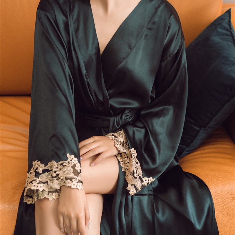 春夏季LP经e典长款性感女长袖真丝睡衣花边蕾丝浴袍系带外袍家居