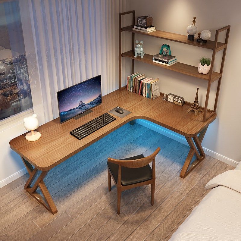 实木台式电脑桌书架一体小型家用简约现代卧室靠R墙L型转角书桌子