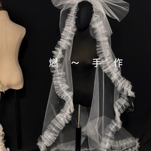新娘饰品-手作蝴蝶结荷叶边头纱长2米