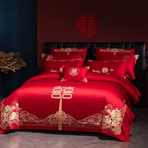 婚嫁结婚四件套全棉龙凤喜被刺绣大红色床单新婚床上用品