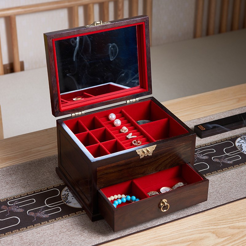 大红酸枝红木首饰盒实木手饰收纳盒高档珠宝盒结婚中式嫁妆盒小号