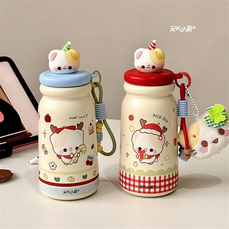 耶诞保温杯女生高颜值2025新款学生可爱咖啡杯Q带吸管水杯茶水分