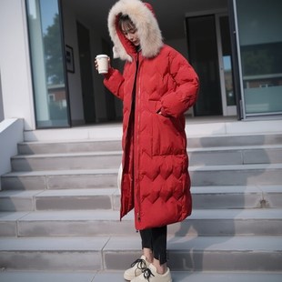 过膝羽绒红色棉服女冬季加厚中长款2024新娘结婚回门本命新年棉衣