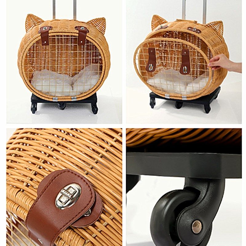 猫咪外出拉杆箱手工藤编窝皮革锁扣宠物防丢狗狗笼行李箱带滑轮子