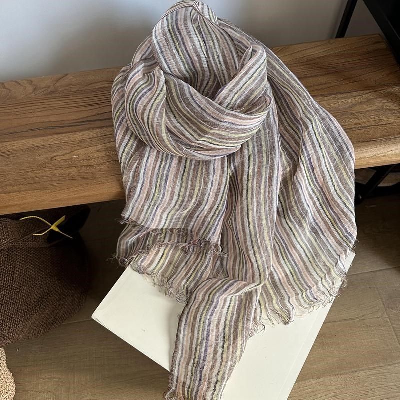 披肩围脖秋冬款手工流苏亚麻条纹日系女士男士小款围巾