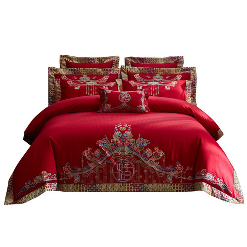 婚庆四件套纯棉婚房大红床单刺绣被套60支长绒棉喜庆结婚床上用品