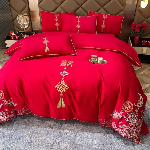 婚庆四件套大红中式龙凤刺绣新结婚陪嫁六件床单被套床上用品